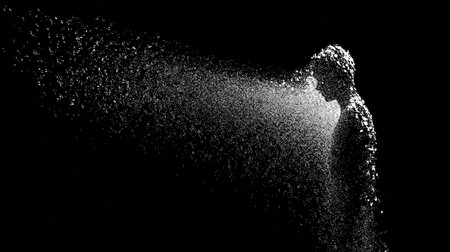 Human silhouette dissolving into flying particles on black background, abstract concept of fragility and dispersionの素材