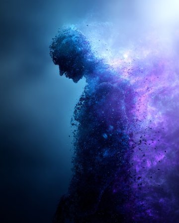 Abstract silhouette dissolving in blue and purple smoke, emotional concept, surreal art backgroundの素材
