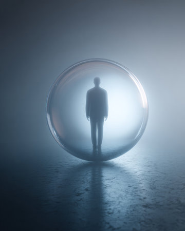 Surreal concept of isolation with person standing inside transparent bubble in blue lightの素材