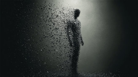 Human silhouette disintegrating into dark fragments on gradient background, abstract concept of fragility and despairの素材