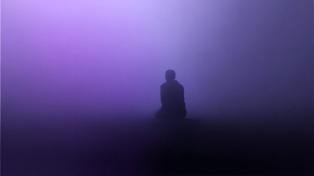 Silhouette of a man sitting in purple fog with moody atmosphere and minimal compositionの素材