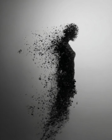 Human silhouette dissolving into black particles on gray background, abstract minimal concept of fragility and lossの素材