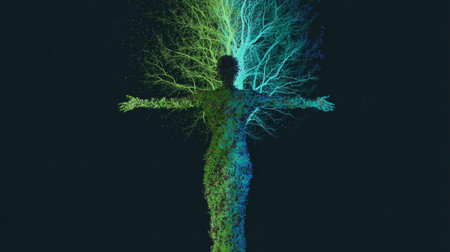 Human silhouette merging with green and blue tree branches symbolizing balance, growth and inner strengthの素材