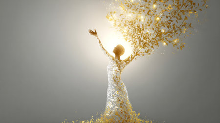 Golden human silhouette with glowing tree branches symbolizing growth, joy and mental wellbeing on light backgroundの素材