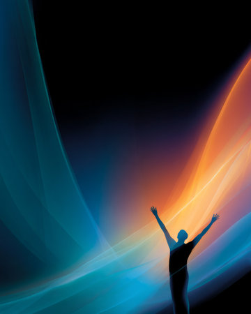 Silhouette with raised arms in radiant blue and orange abstract waves symbolizing joy and freedomの素材