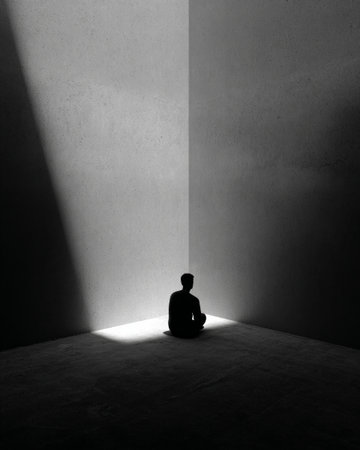 Lonely silhouette sitting in dark corner with dramatic light beam, black and white minimal concept of isolationの素材