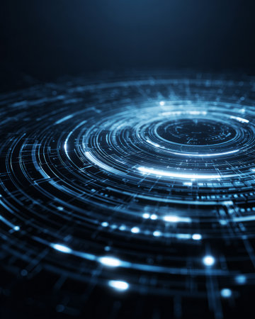 Futuristic blue digital rings with depth perspective, abstract glowing tech backgroundの素材