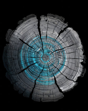 Abstract cracked tree rings with glowing cyan highlights, digital growth pattern on black backgroundの素材
