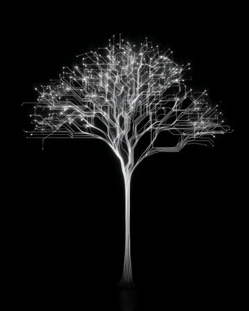 Abstract glowing circuit tree with digital white network branches on black background symbolizing technology and connectivityの素材
