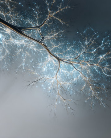 Glowing abstract branching network resembling neuron and tree with luminous blue connections on gray backgroundの素材