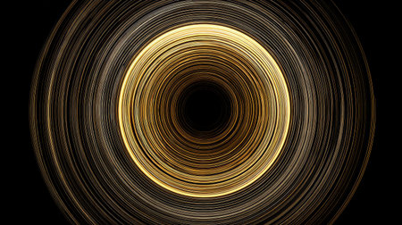 Abstract golden concentric rings with glowing circular pattern on black background, minimal design conceptの素材