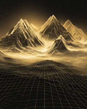Golden futuristic mountain range with glowing digital grid and abstract wireframe landscape on dark backgroundの素材