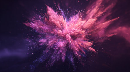 Cosmic nebula explosion with glowing pink and purple particles in deep abstract spaceの素材