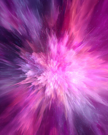 Exploding cosmic nebula in vibrant pink and purple with glowing energy burst and abstract star particlesの素材
