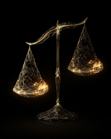 Abstract futuristic justice scale with glowing golden network lines on black backgroundの素材