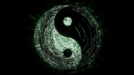 Futuristic yin yang symbol with glowing green digital matrix and abstract cyber designの素材