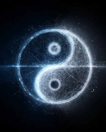 Digital yin yang symbol in glowing blue cosmic network abstract futuristic styleの素材