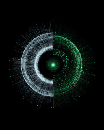 Futuristic yin yang circle in green and white digital light rays on black backgroundの素材