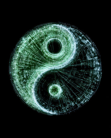 Digital yin yang symbol in glowing green and white lines on black backgroundの素材