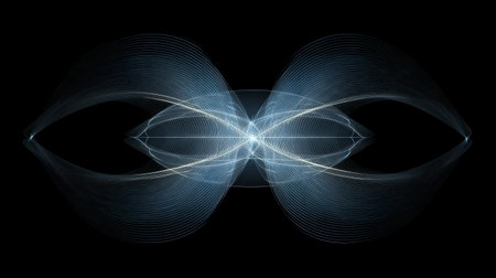 Symmetrical wave interference pattern with luminous blue energy lines and abstract infinity flowの素材