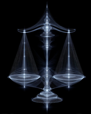 Futuristic holographic scale of justice made of glowing blue light lines with digital abstract symmetryの素材