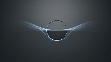 Minimal glowing circle with flowing blue light waves on dark backgroundの素材