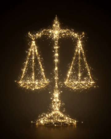Futuristic golden justice scale glowing with light particles on dark backgroundの素材