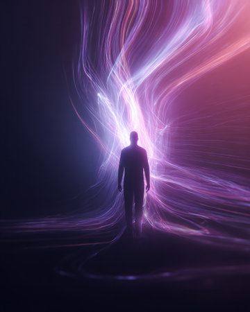 Human silhouette surrounded by flowing violet and pink energy streams in surreal digital spaceの素材
