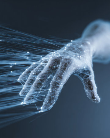 Digital human hand made of glowing network lines with futuristic data flow in blue tonesの素材