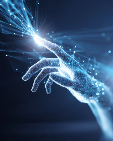 Futuristic digital hand touching glowing network with blue light and polygon mesh designの素材