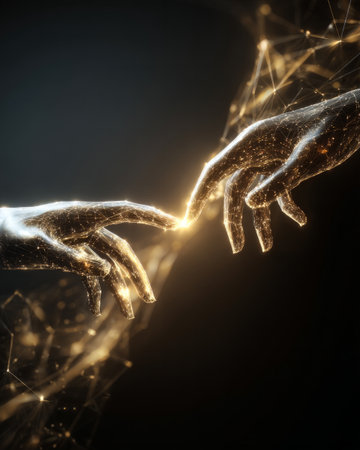 Digital golden hands touching with glowing connection on dark backgroundの素材