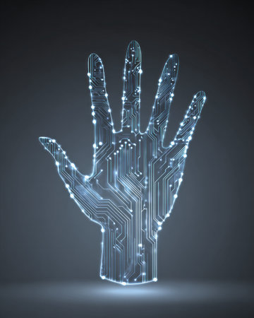 Futuristic glowing hand silhouette with digital circuit board pattern on dark backgroundの素材