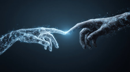 Futuristic digital hands touching with glowing connection in blue lightの素材