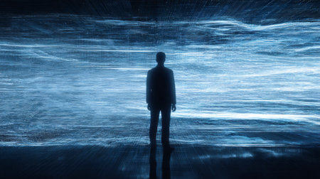 Human silhouette standing in front of glowing digital streams of data and lightの素材