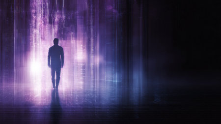 Human silhouette entering glowing violet light portal with digital vertical linesの素材