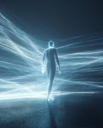 Futuristic glowing human figure walking through streams of light and digital energyの素材