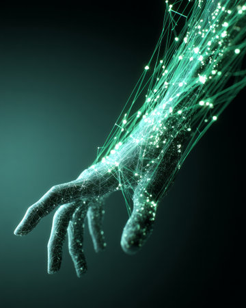 Futuristic digital hand with glowing green network connections and abstract cyber energy flowの素材