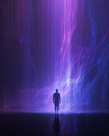 Human silhouette facing radiant violet and blue energy vortex in surreal digital spaceの素材