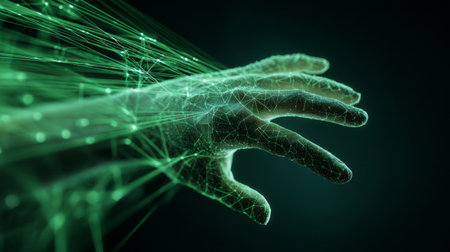 Close up of futuristic digital hand with glowing green network lines and cyber connectionsの素材