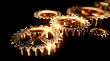 Shiny golden gears on black background, luxury mechanical concept with precision detailsの素材