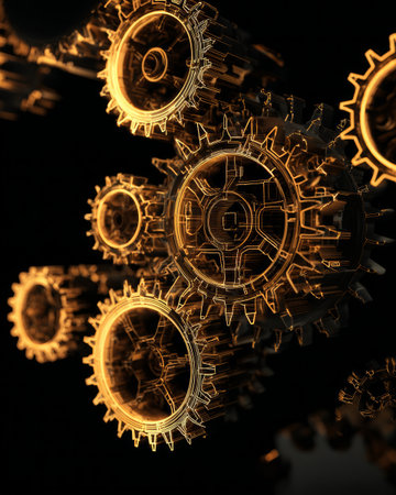 Golden holographic gears on black background, abstract futuristic technology conceptの素材