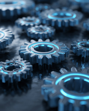 Metallic blue gears with neon light details in futuristic industrial designの素材