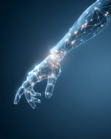 Futuristic robotic hand made of glowing polygonal lines on dark backgroundの素材