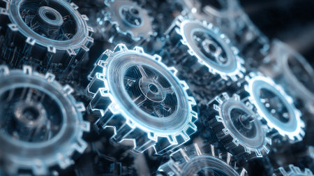 Interconnected metallic gears with blue neon glow in futuristic mechanical systemの素材