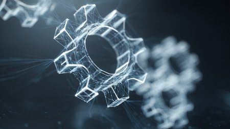 Abstract digital gears made of network lines and glowing connections, futuristic technology conceptの素材