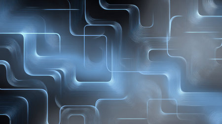Abstract glowing blue circuit pattern with curved lines on dark backgroundの素材