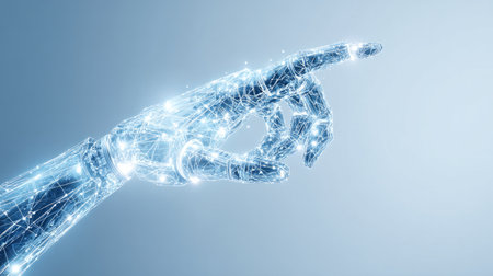 Futuristic robotic hand made of glowing polygonal lines on blue backgroundの素材