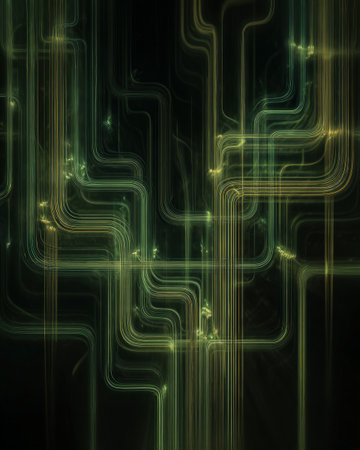 Glowing green and gold circuit lines on dark background, abstract technology network designの素材