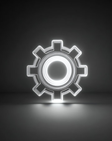 Glowing neon gear on dark background, minimal futuristic technology concept with copy spaceの素材