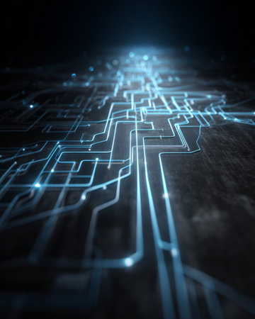 Futuristic glowing blue circuit board pathways with depth of field, digital network backgroundの素材